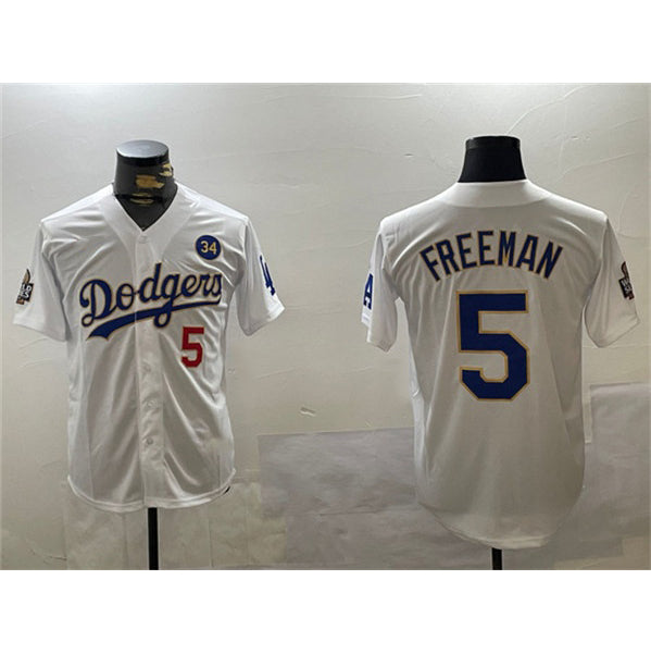 Los Angeles Dodgers #5 Freddie Freeman White Gold FEDASGOGE 2024 World Series With No. 34 Patch Home Limited Stitched Jersey