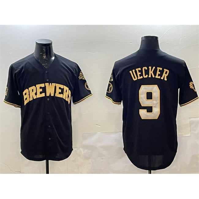 Milwaukee Brewers #9 Bob Uecker Black Gold FEDASGOGE With Home Patch Limited Stitched Jersey