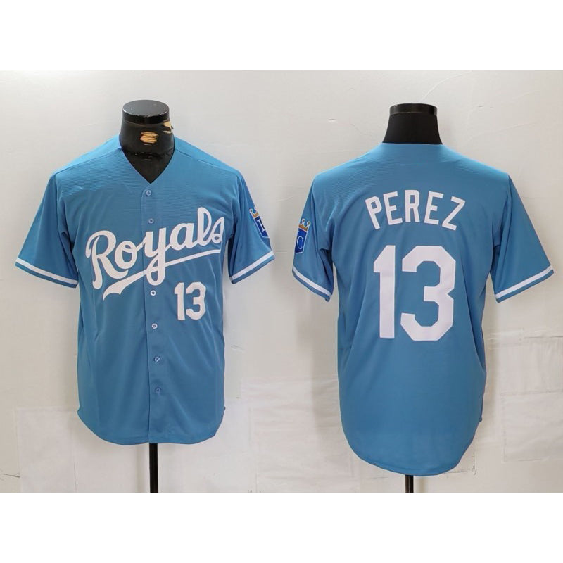 Kansas City Royals #13 Salvador Perez Number Light Blue FEDASGOGE Cool Base Stitched Jersey