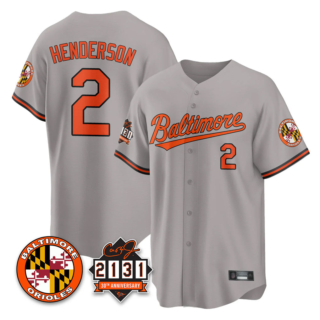 Baltimore Orioles #2 Gunnar Henderson Player Gray FEDASGOGE 30th Anniversary of 2131 Home Game Stitched Jerseys