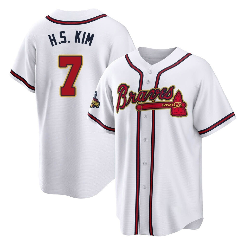 Atlanta Braves #7 Ha-Seong Kim Player White Gold FEDASGOGE Home Game Stitched Jerseys