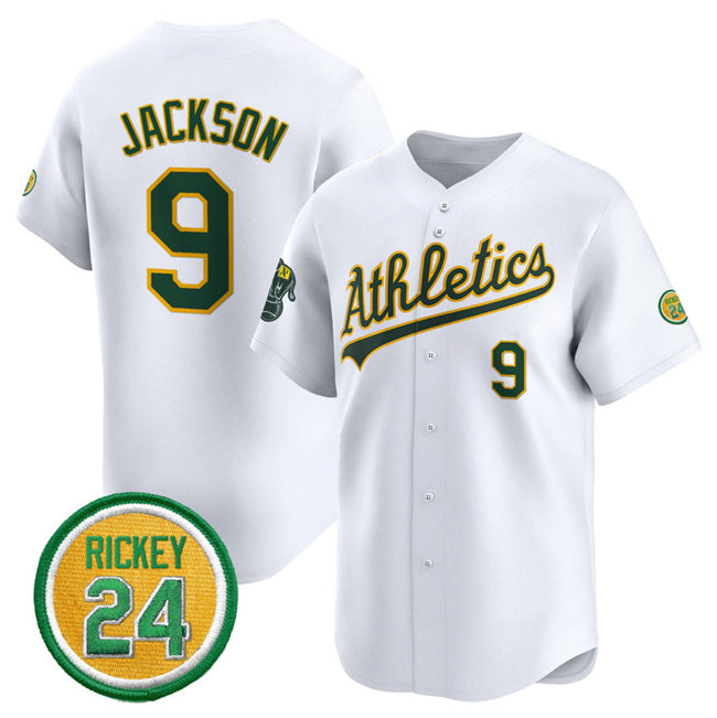 Oakland Athletics #9 Reggie Jackson White FEDASGOGE 2024 Home Limited With Rickey Henderson Patch Stitched Jersey