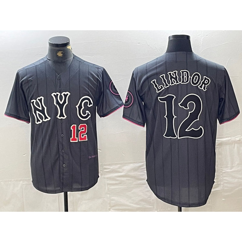 New York Mets #12 Francisco Lindor Number Grey FEDASGOGE 2024 City Connect Cool Base Stitched Jerseys