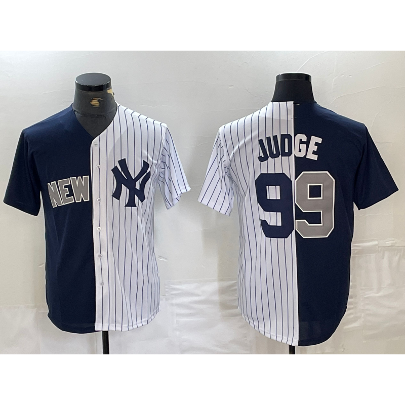New York Yankees #99 Aaron Judge Navy White FEDASGOGE Split Stitched Jersey