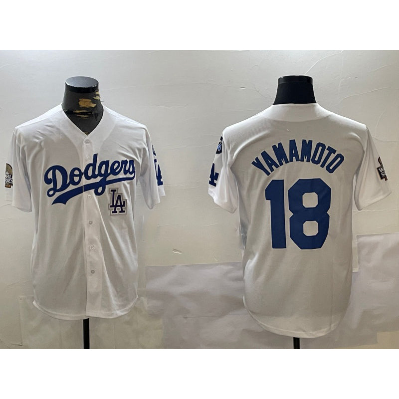 Los Angeles Dodgers #18 Yoshinobu Yamamoto White FEDASGOGE 2024 World Series With Fernando Memorial Patch Home Limited Stitched Jersey