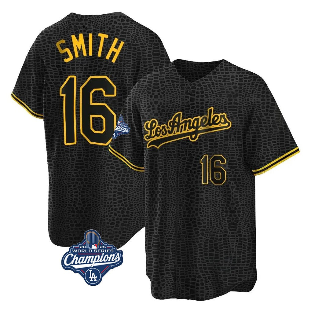 Los Angeles Dodgers #16 Will Smith Player Black FEDASGOGE World Series Meet Snake Skin City Game Home Stitched Jerseys