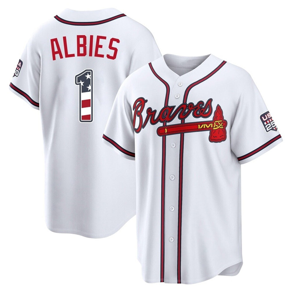 Atlanta Braves #1 Ozzie Albies Player White FEDASGOGE USA 250 Fourth Of July Limited Home Game Stitched Jerseys