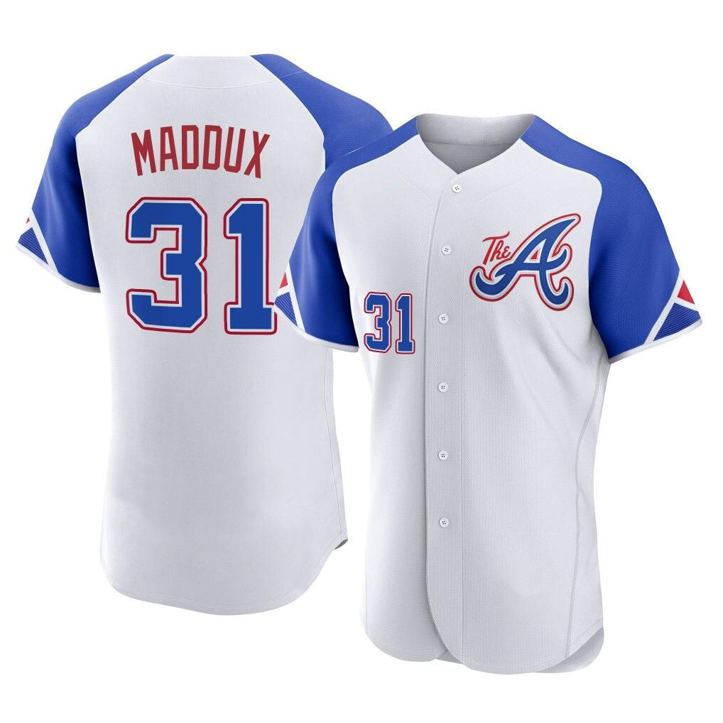 Atlanta Braves #31 Greg Maddux Player White FEDASGOGE City Connect Limited Elite Home Game Stitched Jerseys