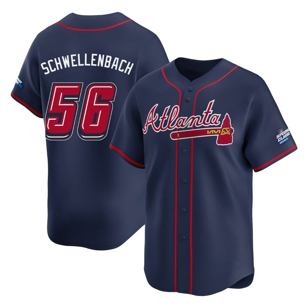 Atlanta Braves #56 Spencer Schwellenbach Player Navy FEDASGOGE 2025 Speedway Classic Home Game Stitched Jerseys