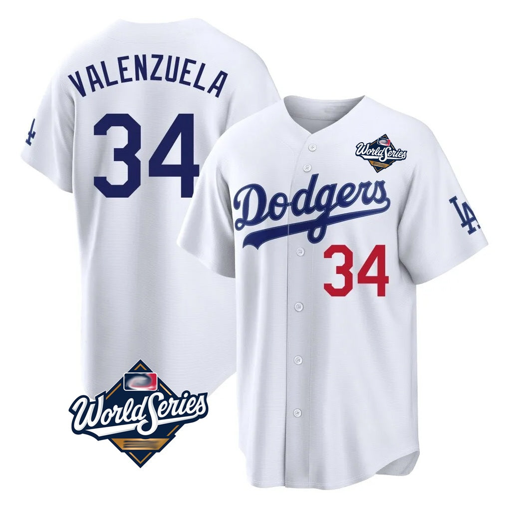 Los Angeles Dodgers #34 Fernando Valenzuela Player White FEDASGOGE World Series Home Game Stitched Jerseys