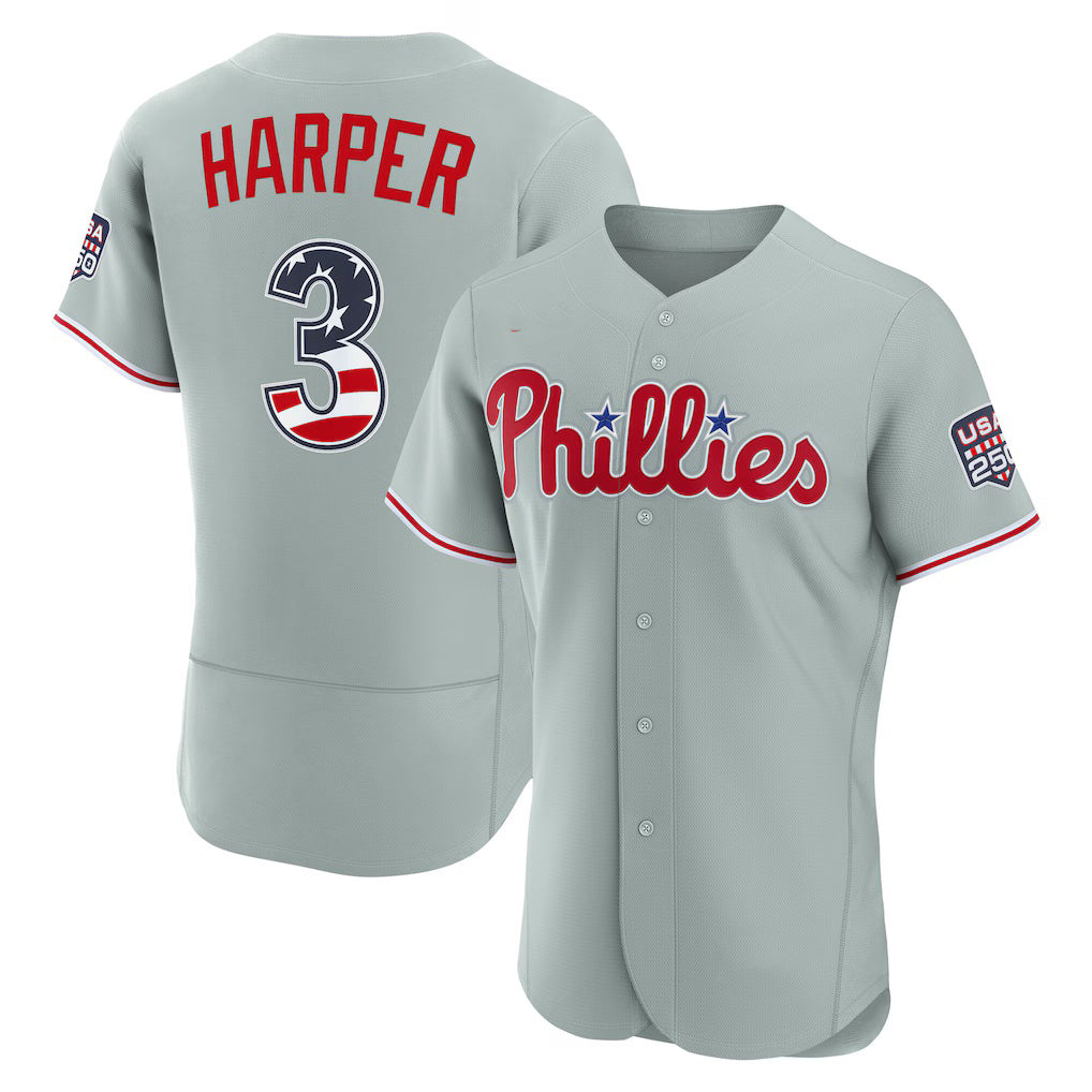 Philadelphia Phillies #3 Bryce Harper USA 250 Fourth of July Road Authentic Jersey - Gray FEDASGOGE