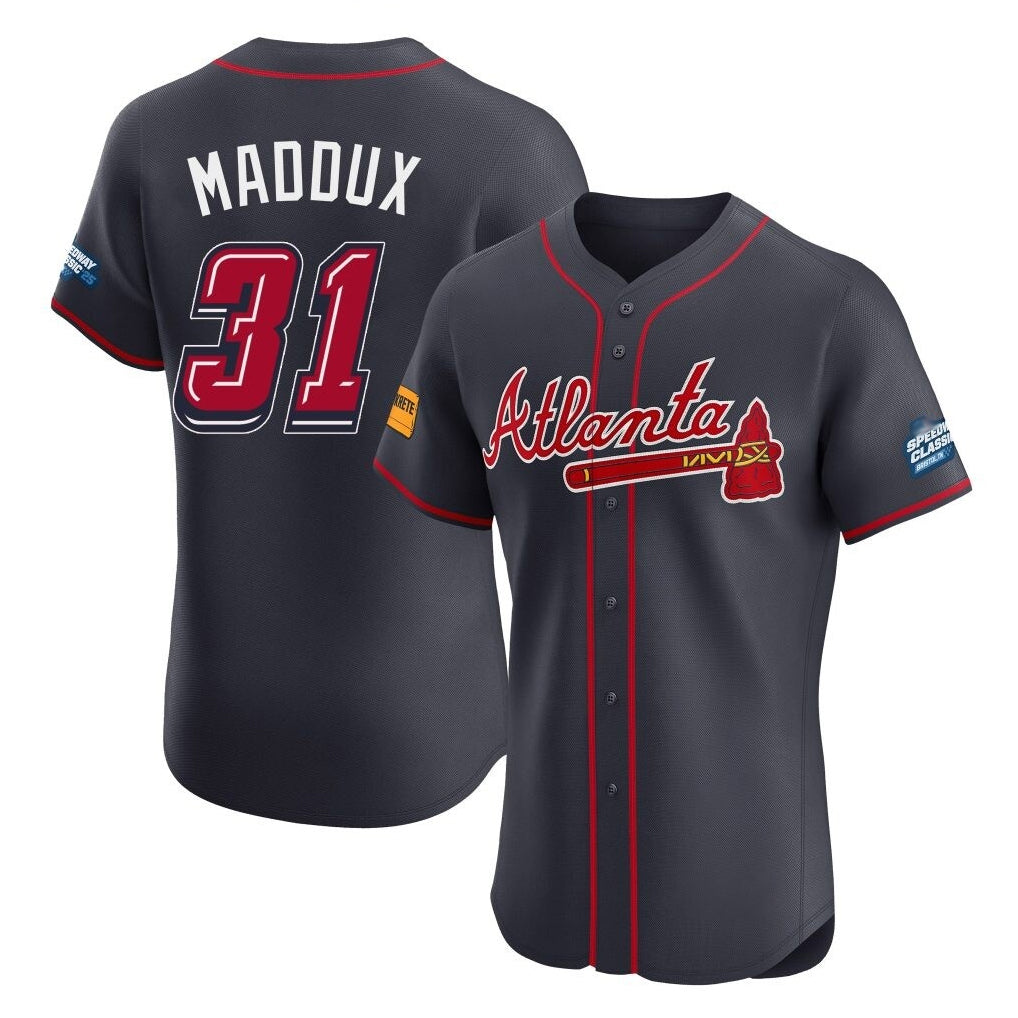 Atlanta Braves #31 Greg Maddux Player Navy FEDASGOGE 2025 Speedway Classic Limited Elite Home Game Stitched Jerseys