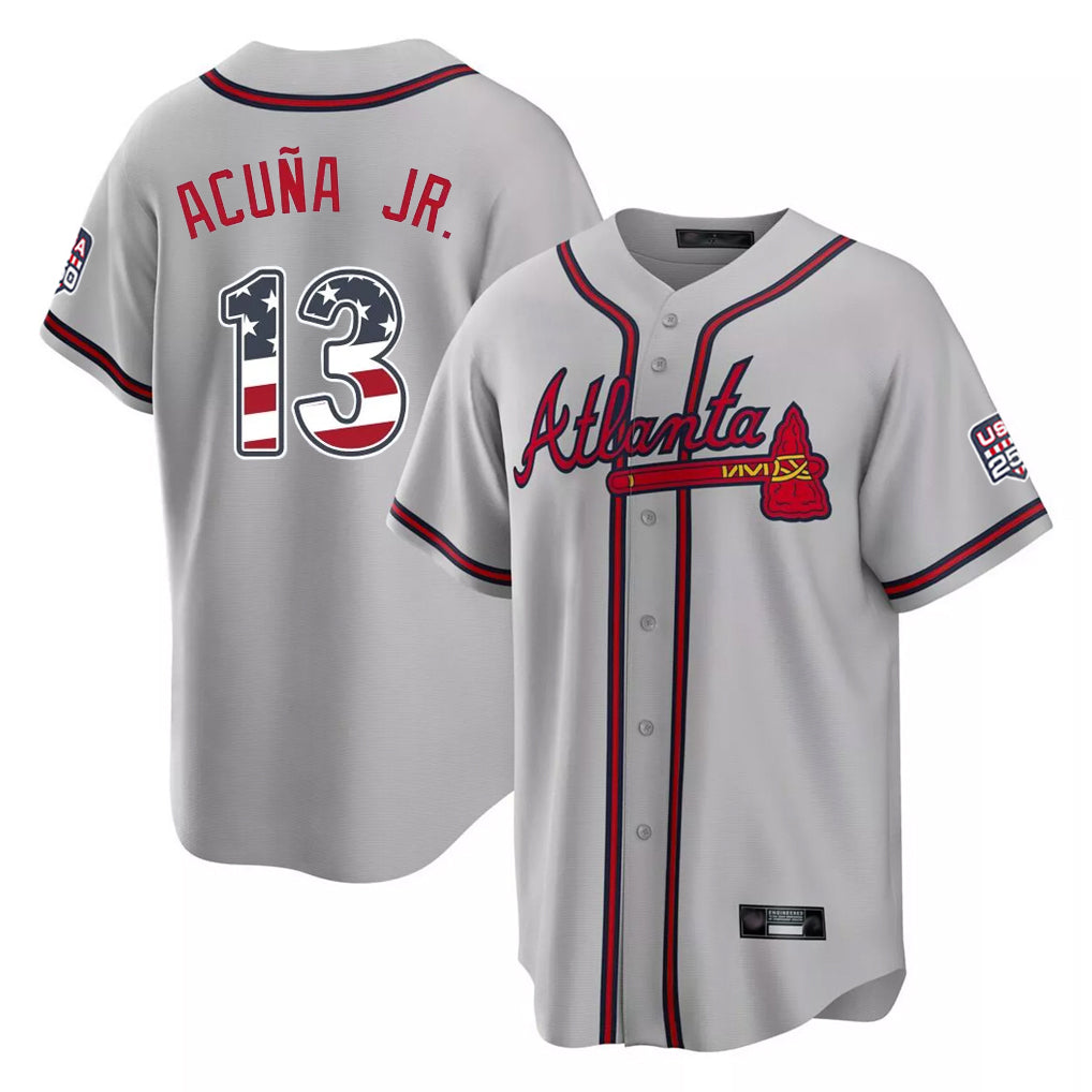Atlanta Braves #13 Ronald Acuna Jr Player Gray FEDASGOGE USA 250 Fourth Of July Limited Home Game Stitched Jerseys