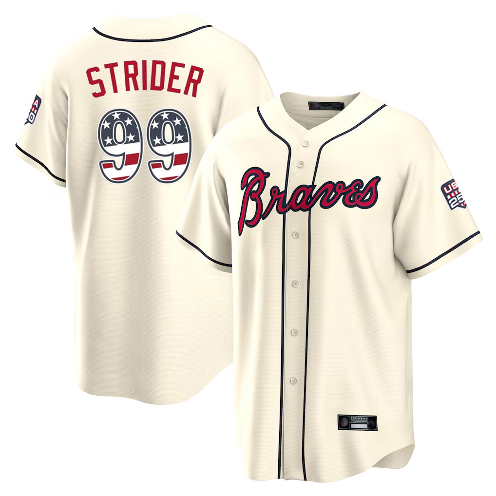 Atlanta Braves #99 Spencer Strider Player Cream FEDASGOGE USA 250 Fourth Of July Limited Home Game Stitched Jerseys