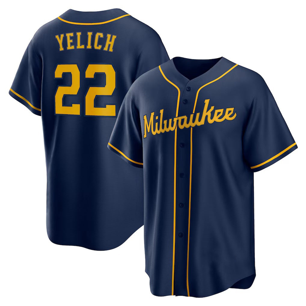 Milwaukee Brewers #22 Christian Yelich Navy FEDASGOGE Alternate 2 Replica Jersey