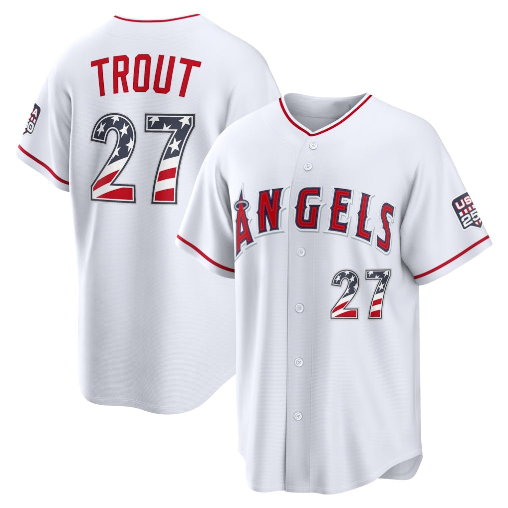 Los Angeles Angels #27 Mike Trout White FEDASGOGE USA 250 Fourth of July Home Stadium Jersey