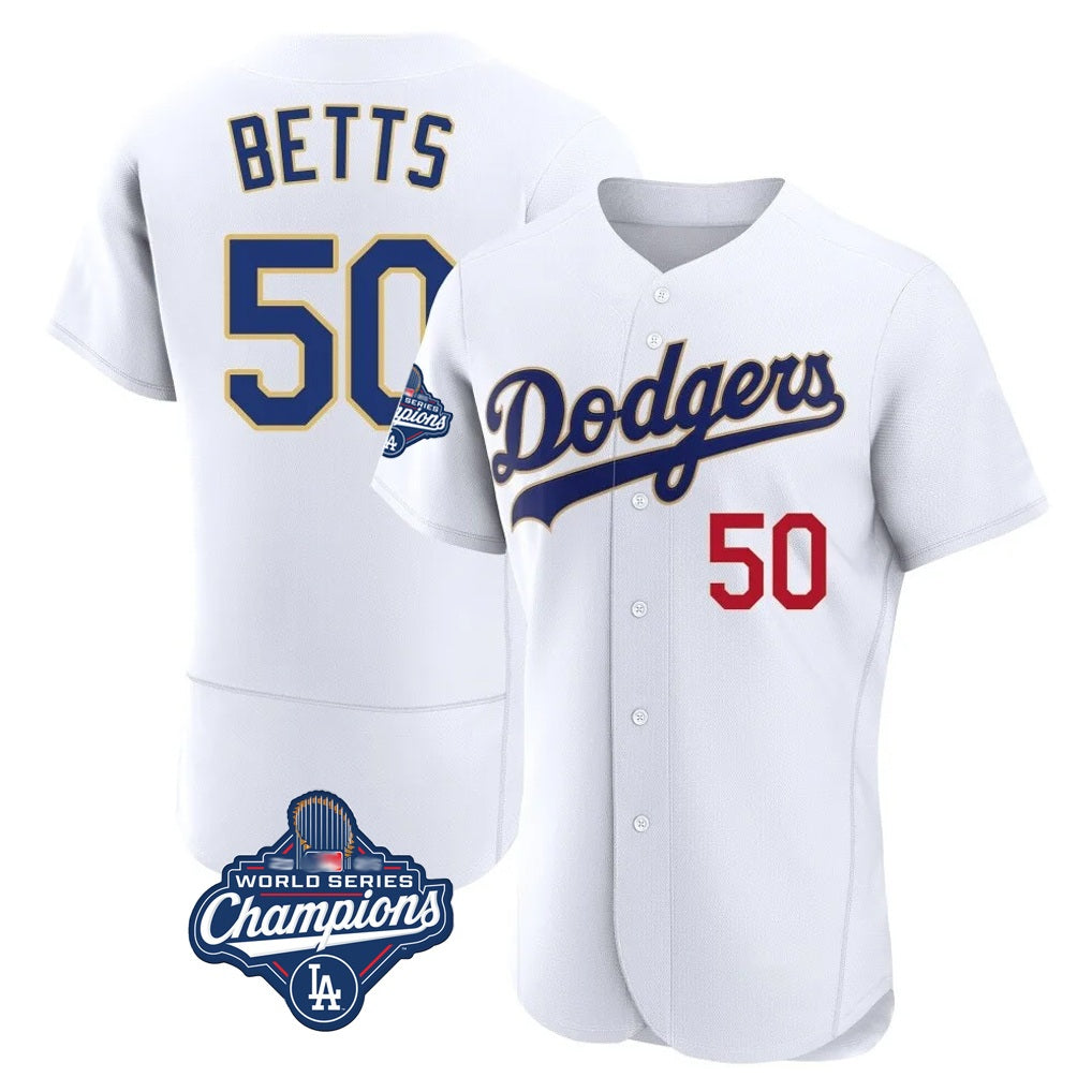 Los Angeles Dodgers #50 Mookie Betts Player Gold White FEDASGOGE World Series Meet 2026 Collection Stadium Limited Elite Stitched Jerseys