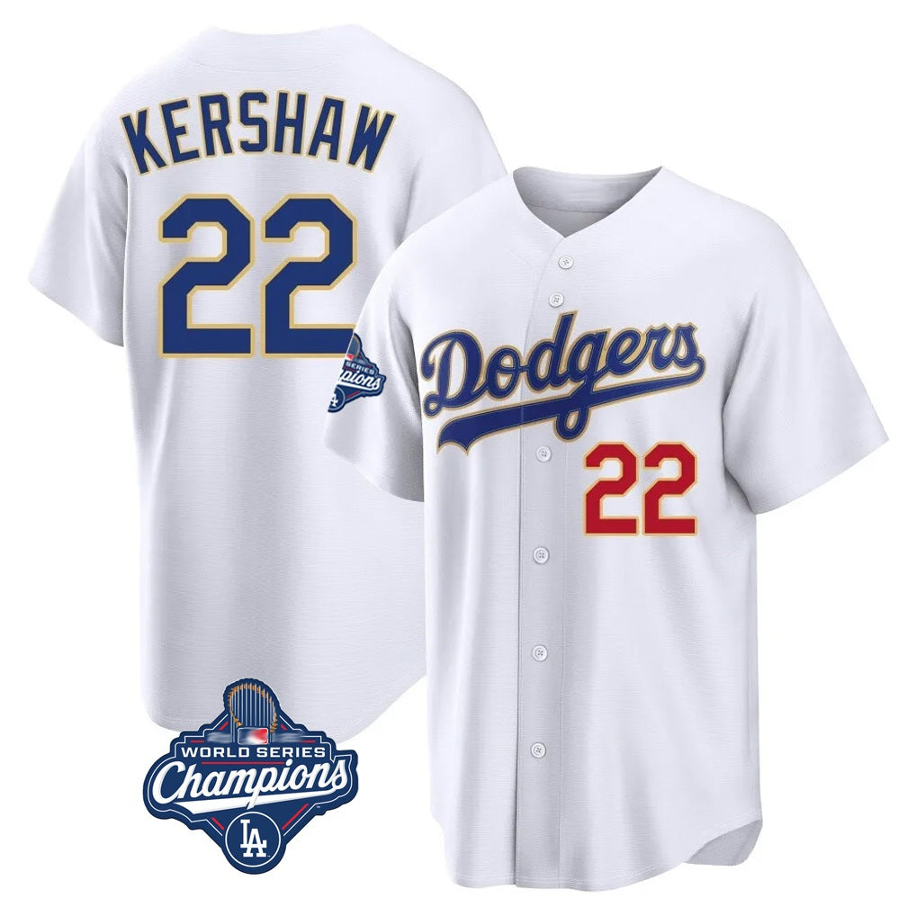 Los Angeles Dodgers #22 Clayton Kershaw Player Gold White FEDASGOGE World Series Meet 2026 Collection Stadium Limited Stitched Jerseys