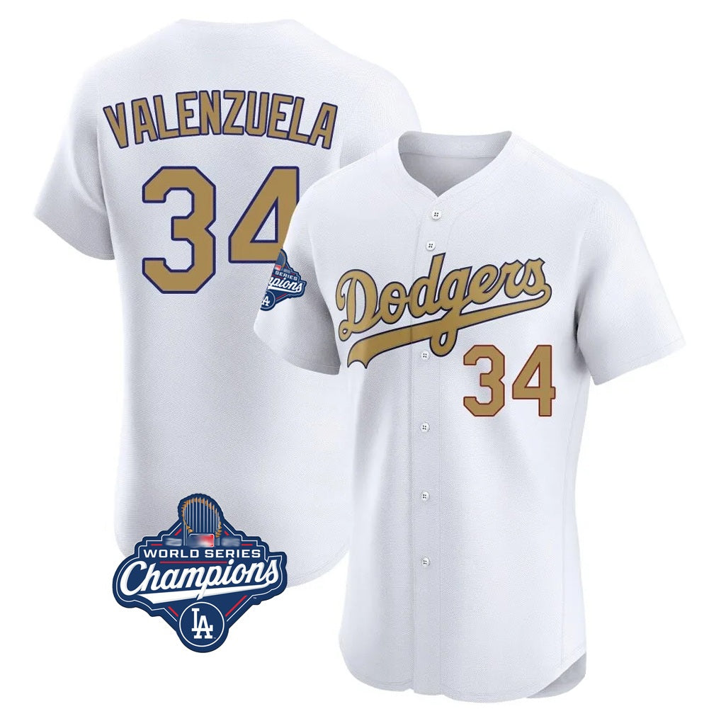 Los Angeles Dodgers #34 Fernando Valenzuela Player White Gold FEDASGOGE World Series Meet Limited Elite Home Stitched Jerseys