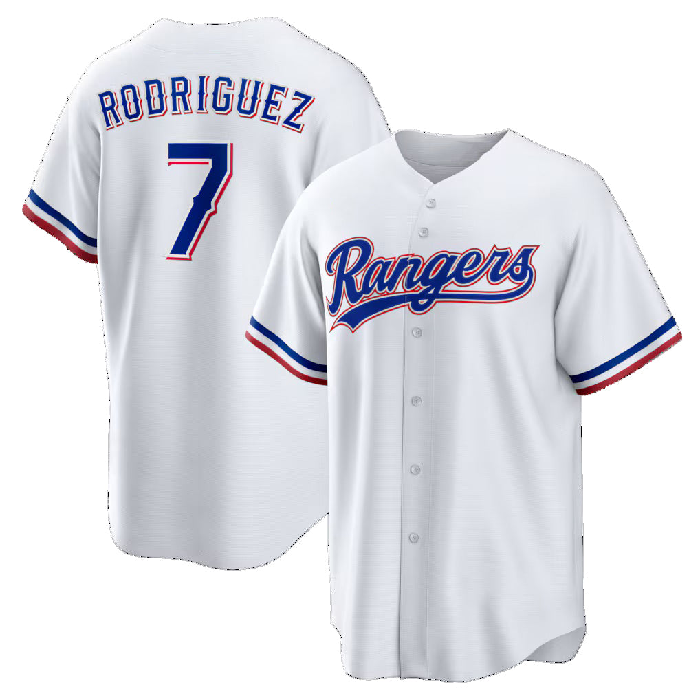 Texas Rangers #7 Ivan Rodriguez White FEDASGOGE Home Retired Player Replica Jersey