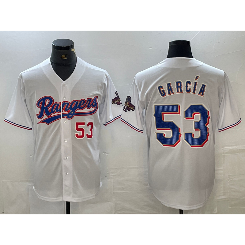 Texas Rangers #53 Adolis Garcia Number White FEDASGOGE 2023 World Series Champions Cool Base Jersey 2