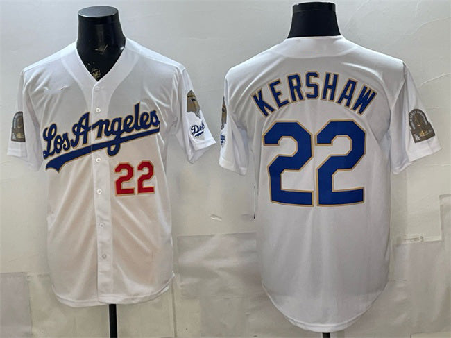 Los Angeles Dodgers #22 Clayton Kershaw White FEDASGOGE 2026 Gold Collection 9x & B2B Champs Patch Stitched Jersey