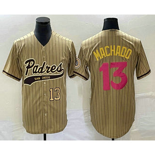 San Diego Padres #13 Manny Machado Number Tan FEDASGOGE Pinstripe 2023 City Connect Cool Base Stitched Jersey