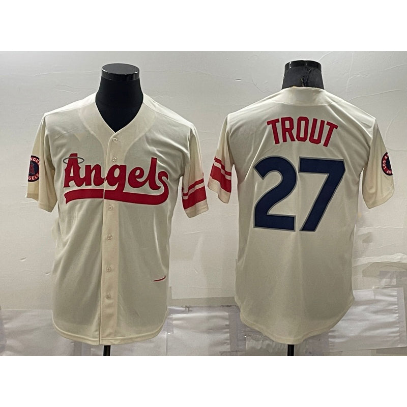 Los Angeles Angels #27 Mike Trout Cream FEDASGOGE 2022 City Connect Cool Base Stitched Jersey