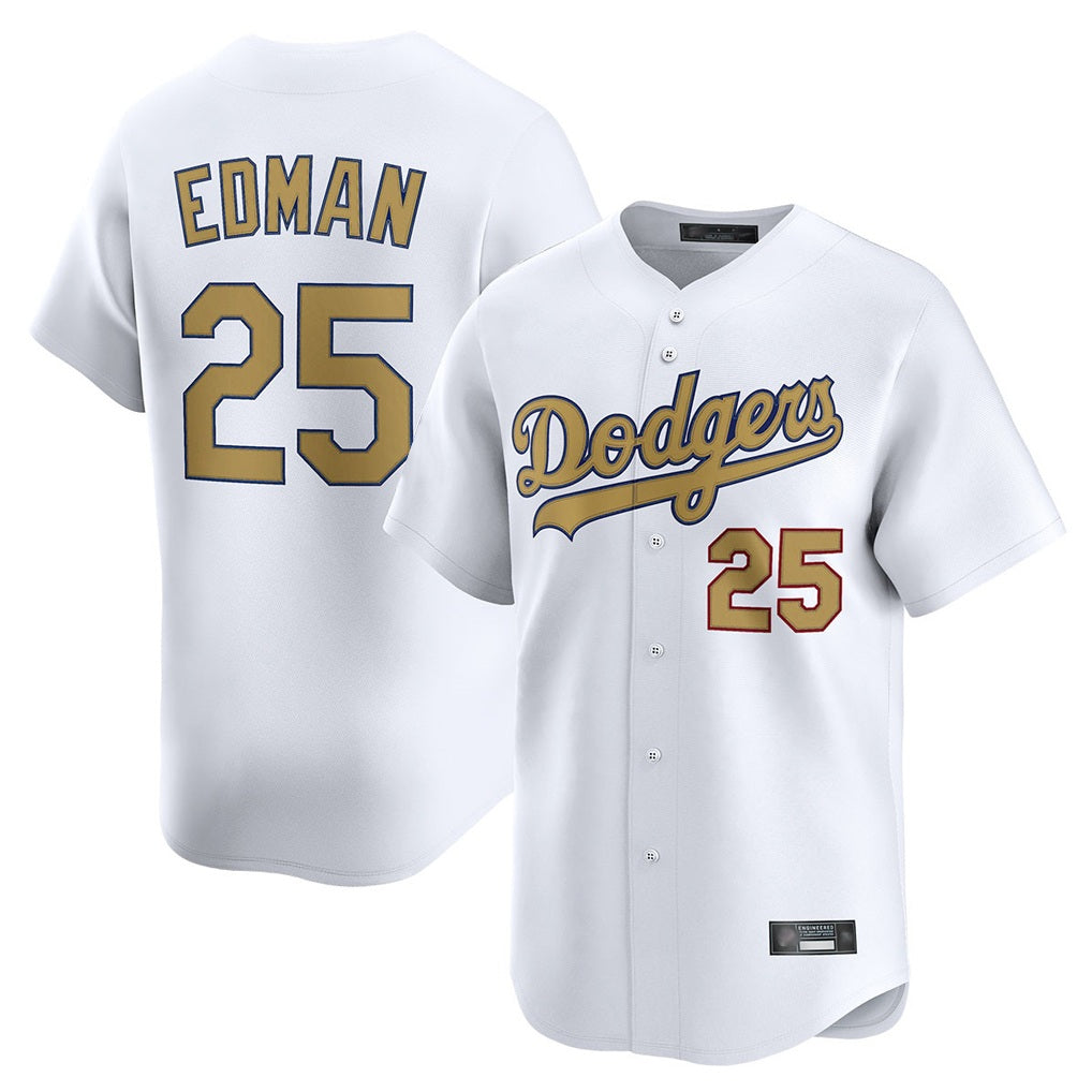 Los Angeles Dodgers #25 Tommy Edman Player White Gold FEDASGOGE Collection Limited Home Stitched Jerseys