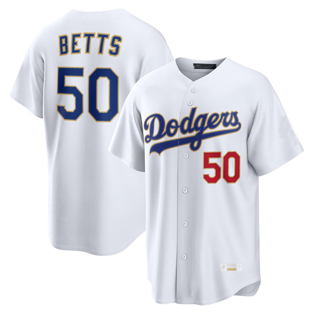 Los Angeles Dodgers #50 Mookie Betts Player Gold White FEDASGOGE Collection Limited Home Stitched Jerseys