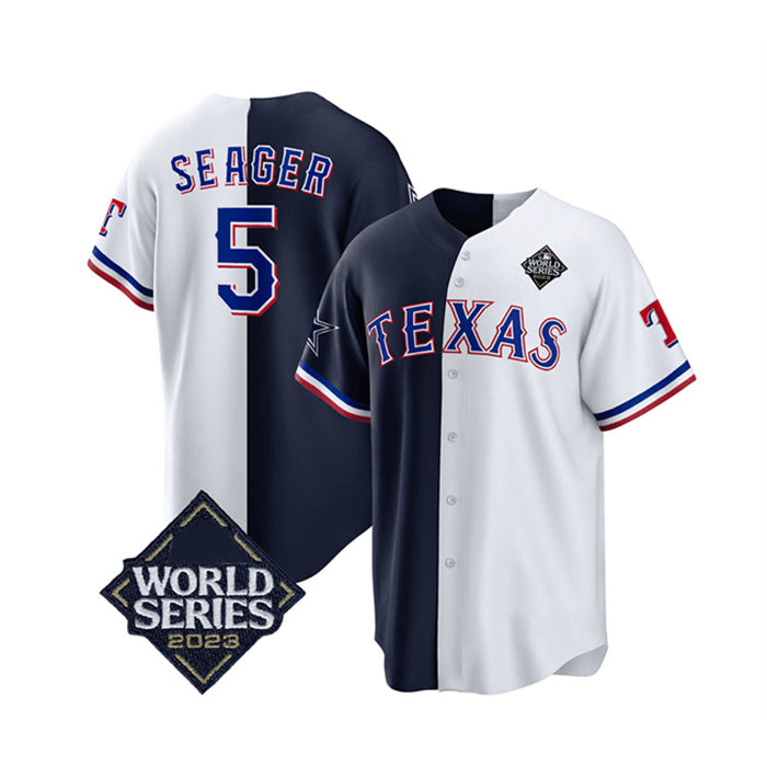 Texas Rangers & Cowboys #5 Corey Seager Navy White FEDASGOGE 2023 World Series Splite Stitched Jersey