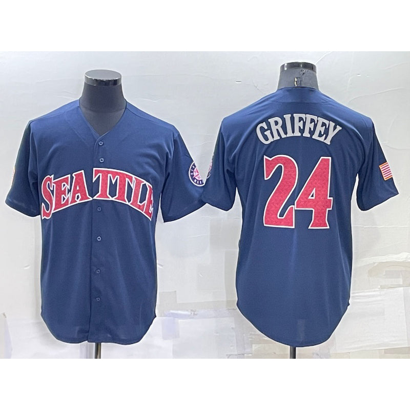 Seattle Mariners #24 Ken Griffey Navy Blue FEDASGOGE Fashion Stars Stripes Cool Base Independence Day Jersey