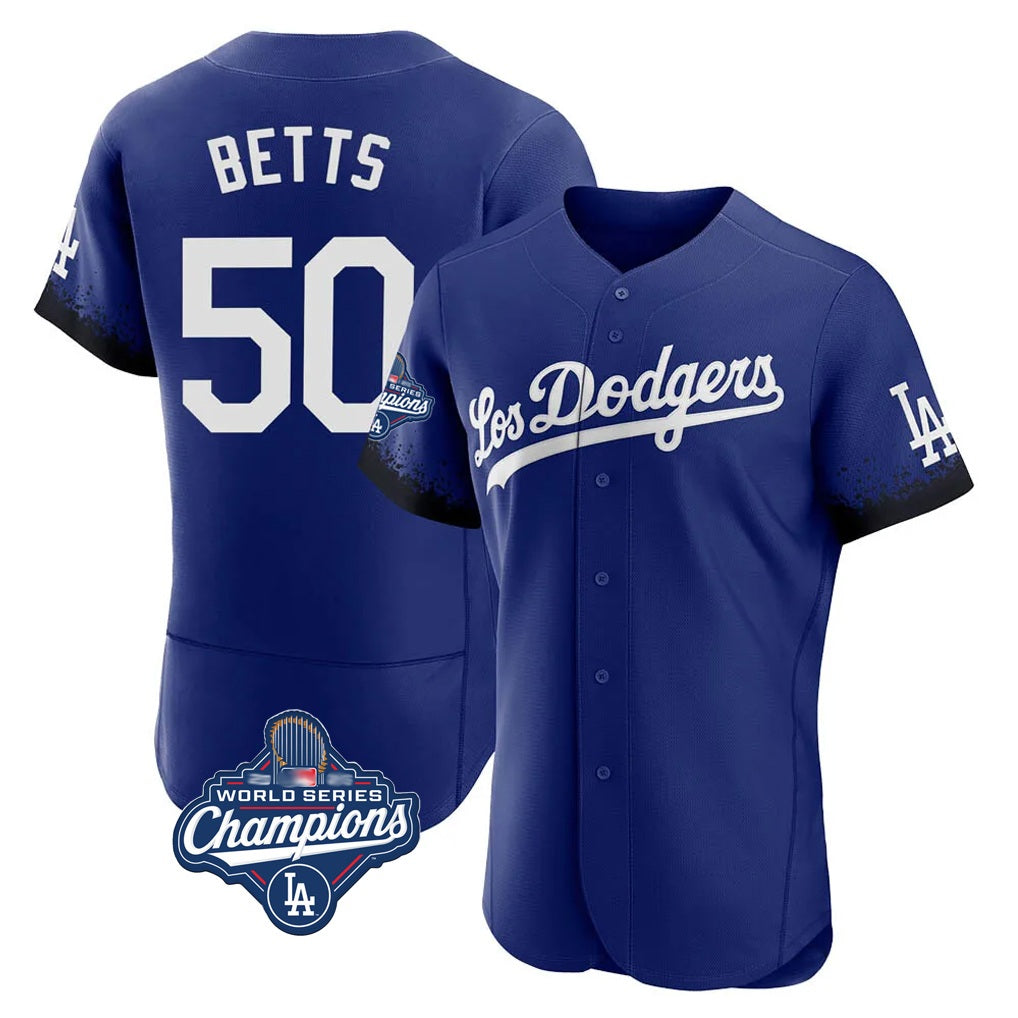 Los Angeles Dodgers #50 Mookie Betts Player Royal FEDASGOGE World Series Meet City Connect Elite Home Stitched Jerseys
