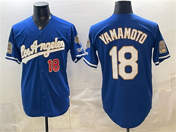 Los Angeles Dodgers #18 Yoshinobu Yamamoto Royal FEDASGOGE 2026 Gold Collection 9x & B2B Champs Patch Stitched Jersey