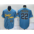 Milwaukee Brewers #22 Christian Yelich Number Blue FEDASGOGE 2022 City Connect Cool Base Stitched Jersey