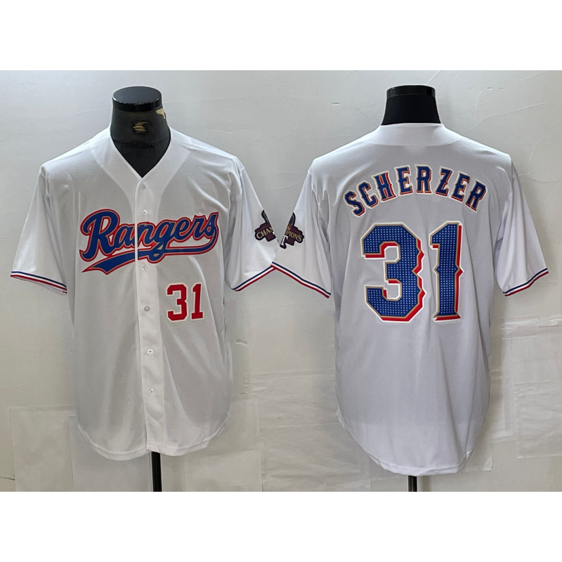 Texas Rangers #31 Max Scherzer Number White FEDASGOGE 2023 World Series Champions Cool Base Jersey 2