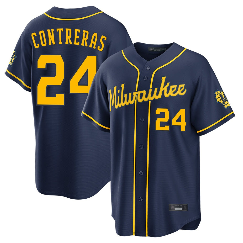 Milwaukee Brewers #24 William Contreras Player Navy FEDASGOGE Home Stadium Game Stitched Jerseys