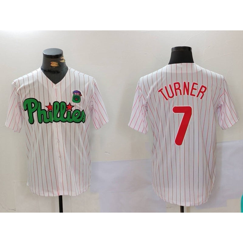 Philadelphia Phillies #7 Trea Turner White Green FEDASGOGE Cool Base Stitched Jersey 2