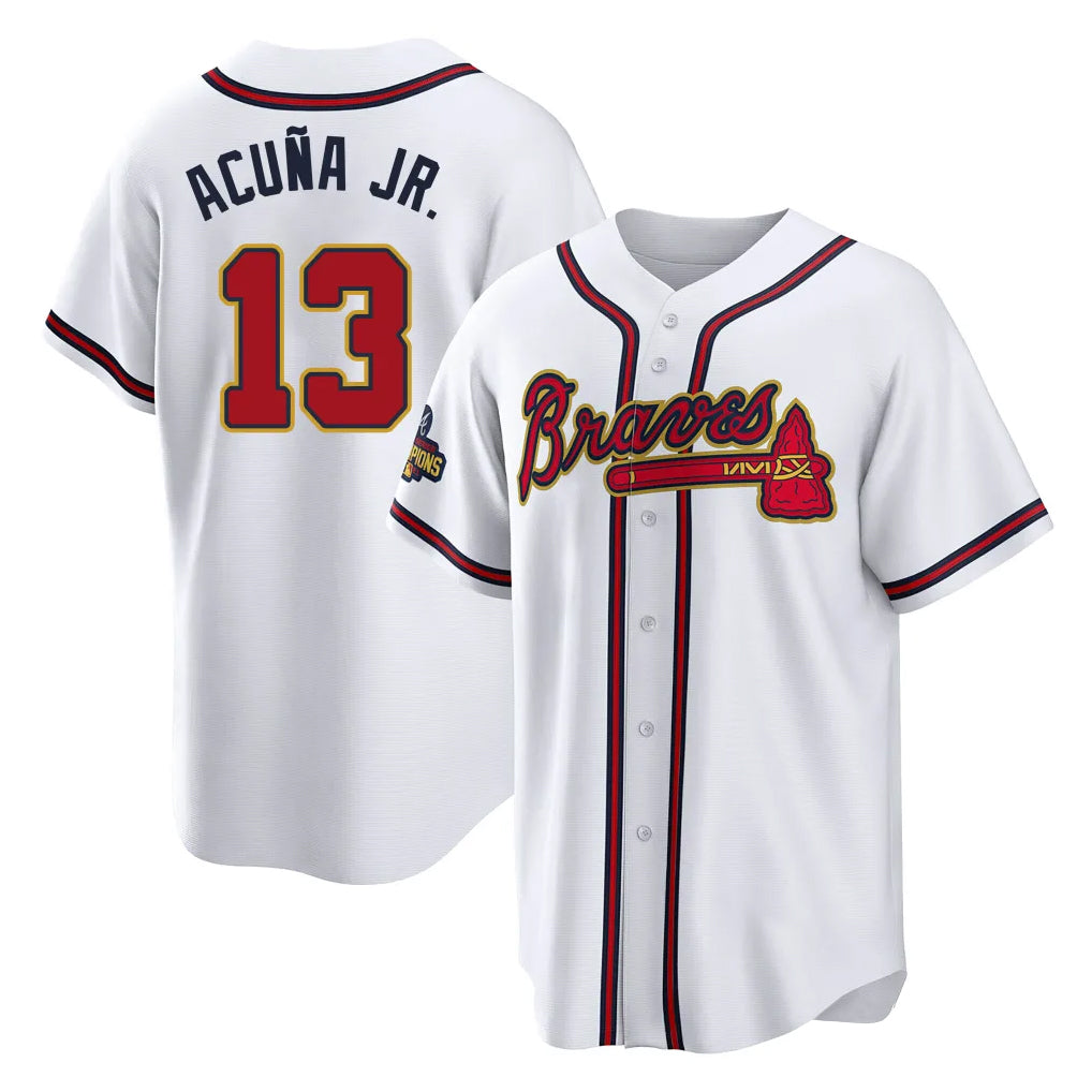 Atlanta Braves #13 Ronald Acuna Jr Player White Gold FEDASGOGE Home Game Stitched Jerseys