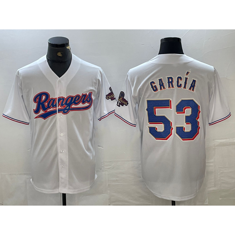 Texas Rangers #53 Adolis Garcia White FEDASGOGE 2023 World Series Champions Cool Base Jersey