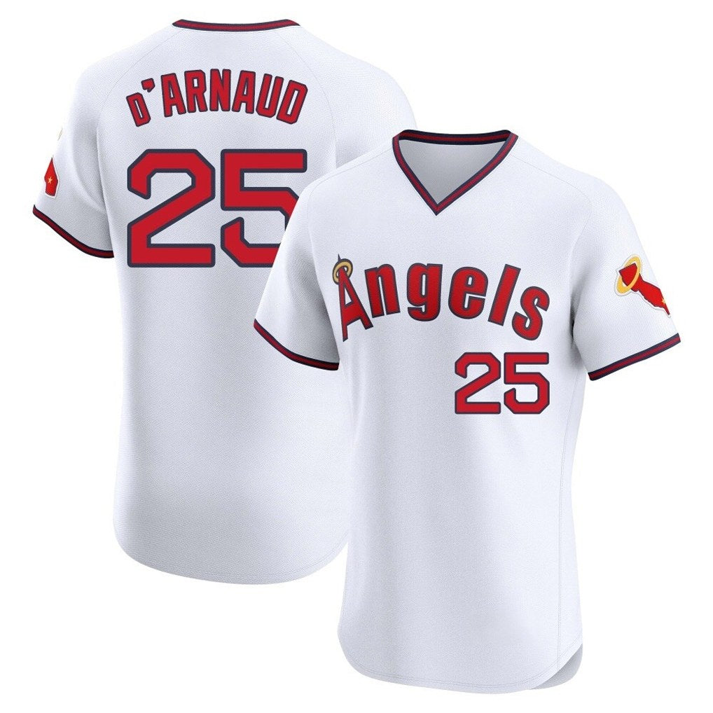 Los Angeles Angels #25 Travis d'Arnaud Player White FEDASGOGE T-shirt Home Limited Elite Stitched Jerseys