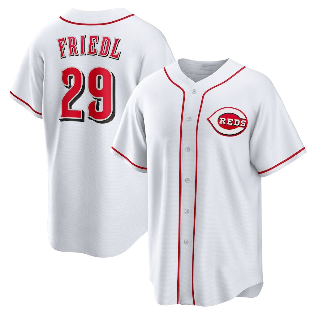 Cincinnati Reds #29 TJ Friedl White FEDASGOGE Home Replica Jersey
