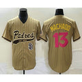 San Diego Padres #13 Manny Machado Tan FEDASGOGE Pinstripe 2023 City Connect Cool Base Stitched Jersey
