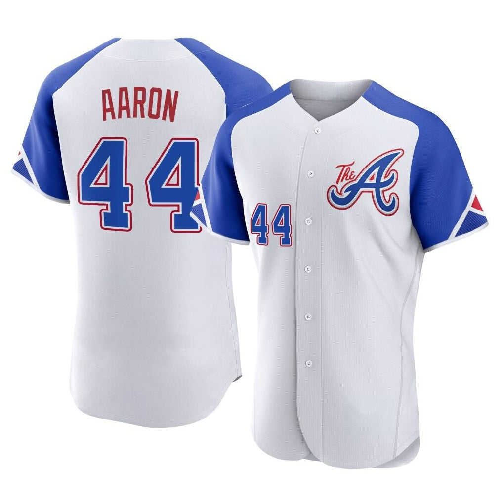 Atlanta Braves #44 Hank Aaron Player White FEDASGOGE City Connect Limited Elite Home Game Stitched Jerseys