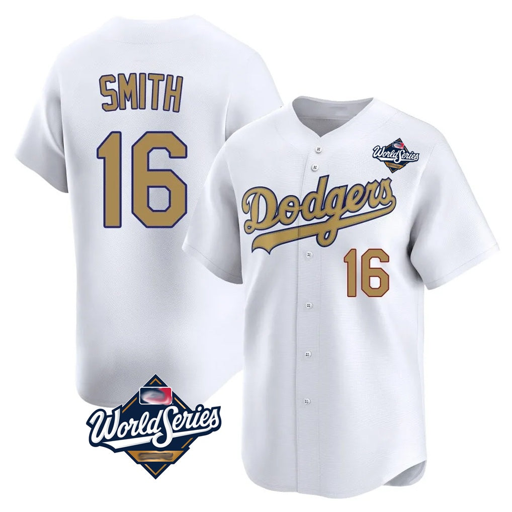 Los Angeles Dodgers #16 Will Smith Player White Gold FEDASGOGE World Series Collection Limited Home Stitched Jerseys