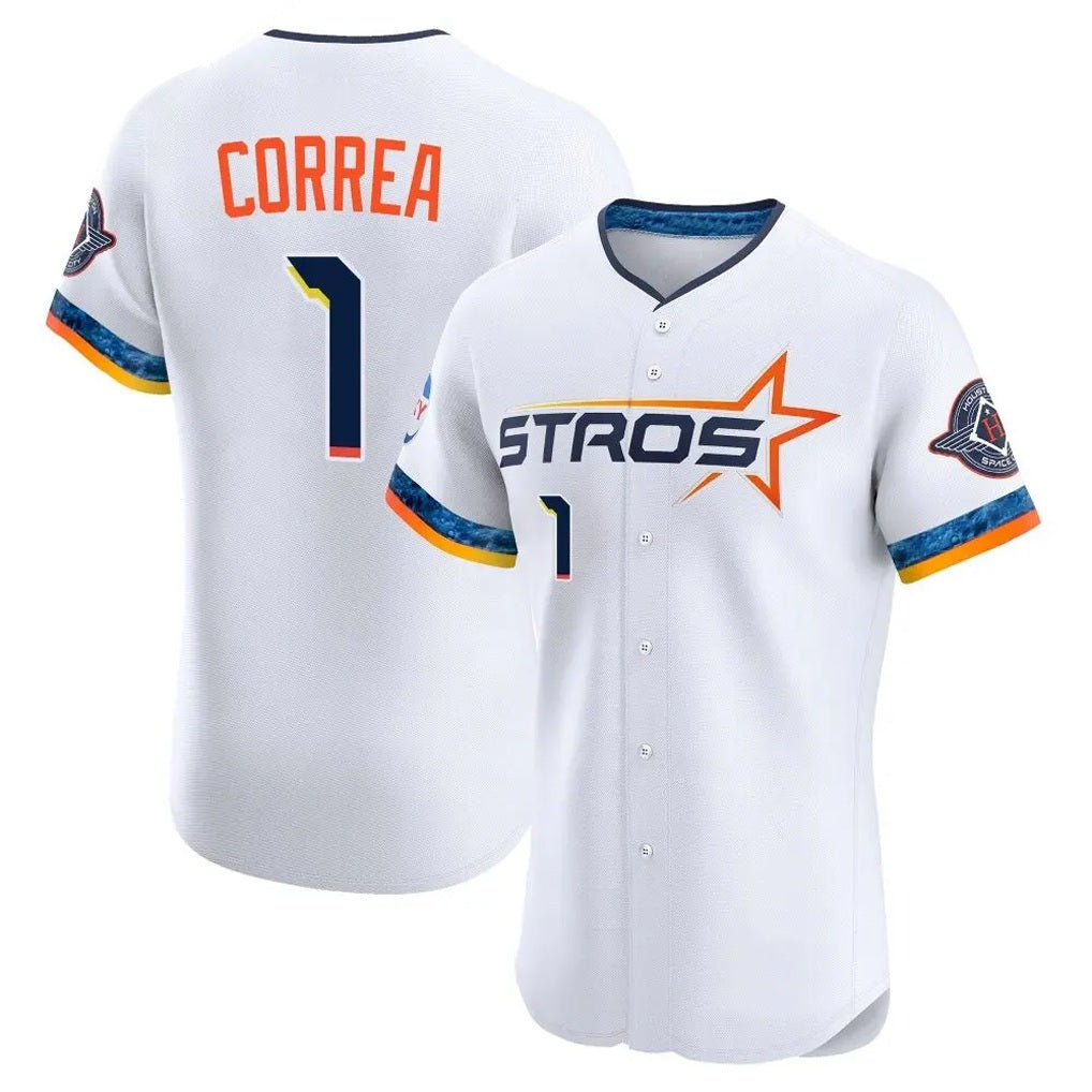 Houston Astros #1 Carlos Correa Player White FEDASGOGE City Connect Limited Elite Home Stitched Jerseys