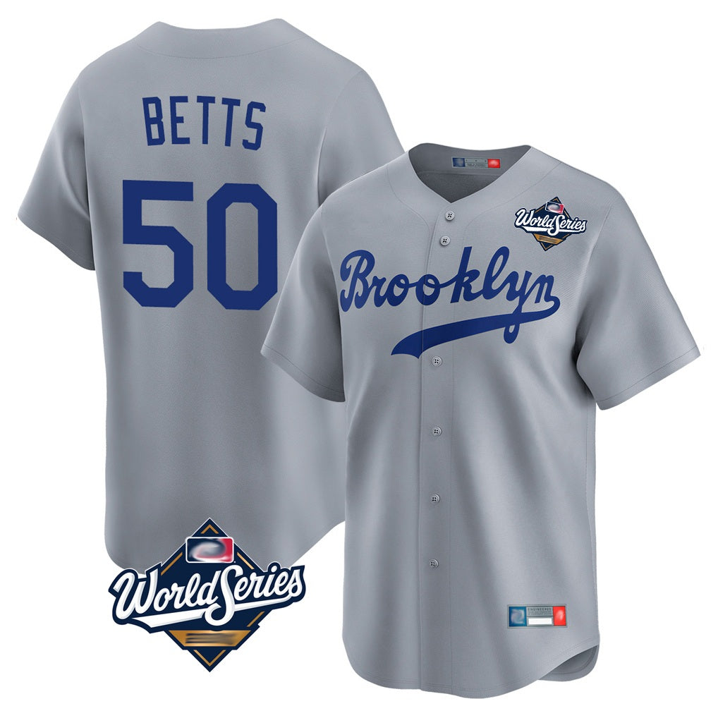 Los Angeles Dodgers #50 Mookie Betts Player Gray FEDASGOGE World Series Game Limited Home Stitched Jerseys
