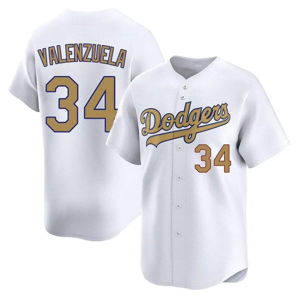 Los Angeles Dodgers #34 Fernando Valenzuela Player White Gold FEDASGOGE Collection Limited Home Stitched Jerseys