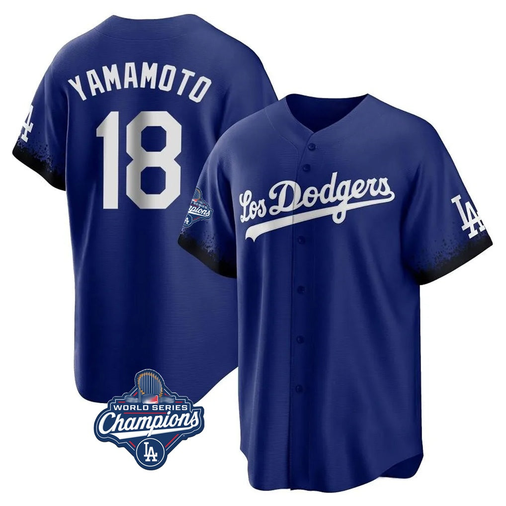 Los Angeles Dodgers #18 Yoshinobu Yamamoto Player Royal FEDASGOGE World Series Meet City Connect Home Game Stitched Jerseys