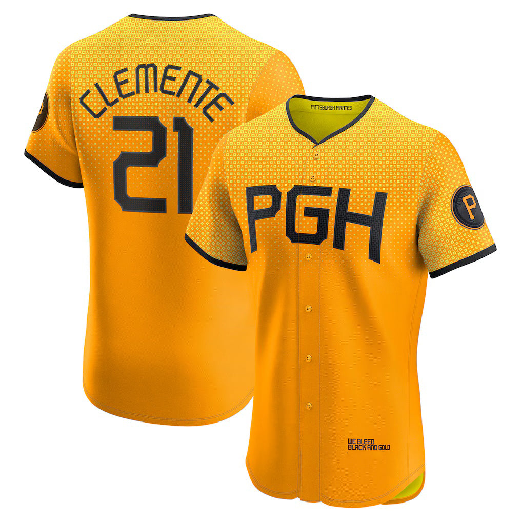 Pittsburgh Pirates #21 Roberto Clemente Gold FEDASGOGE City Connect Elite Player Jersey